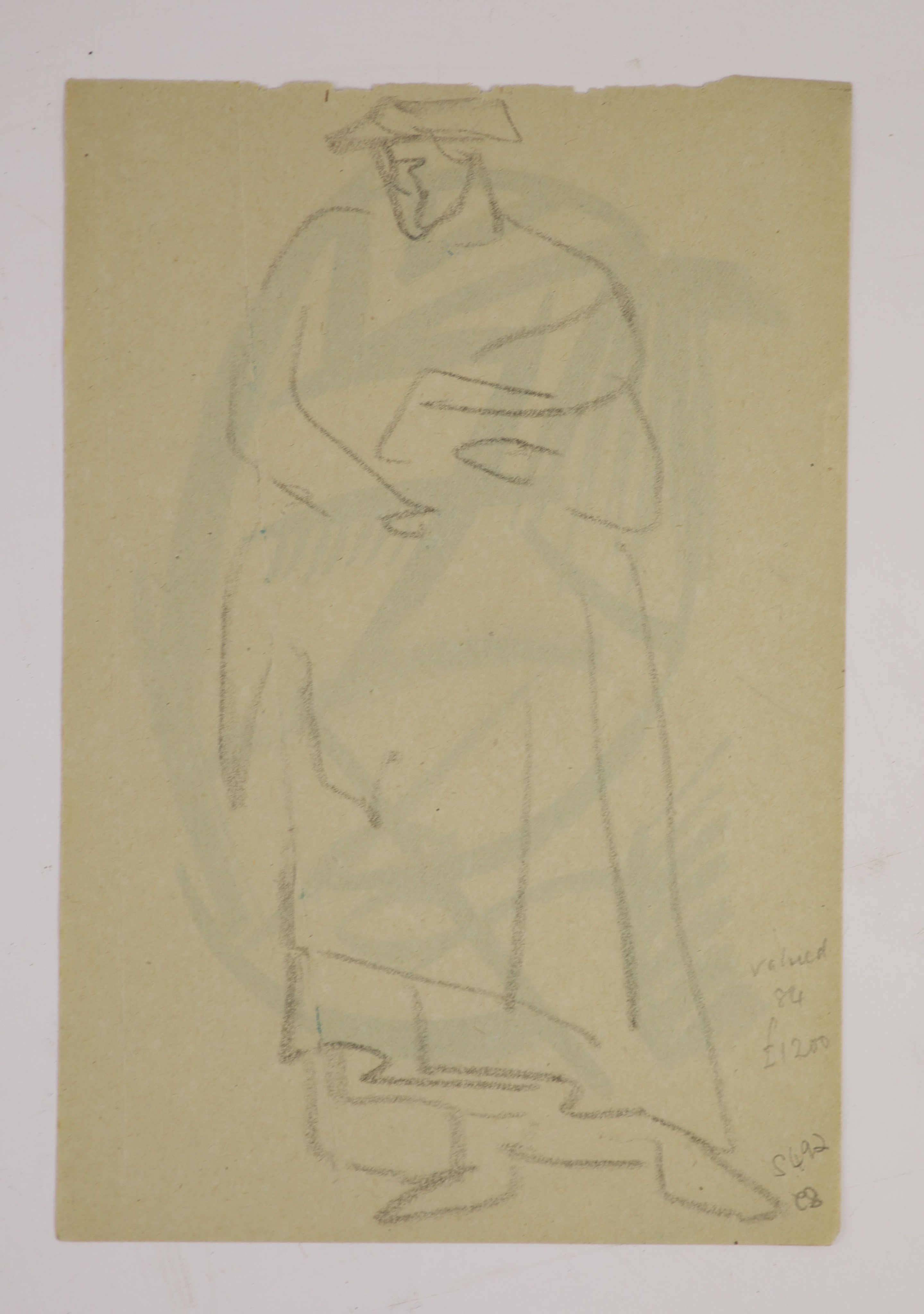 Henri Gaudier-Brzeska (1891-1915), Standing figure wearing a long cloak, abstract in green watercolour verso, charcoal on paper, 14 x 21cms, unframed